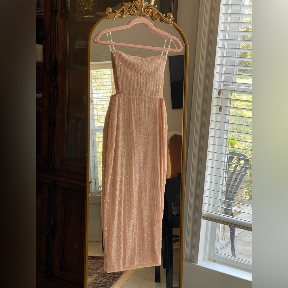 Nookie x Revolve NWT Lumeire Midi in Nude Sequin Formal Cocktail Dress